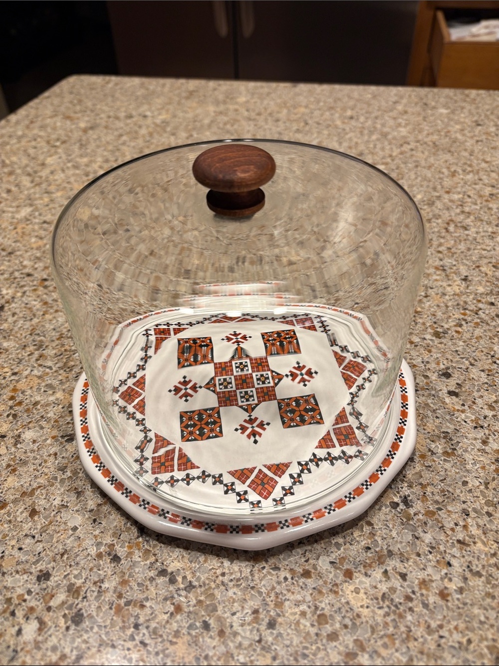 Vintage Ukrainian Art by Marusia glass domed trivet/cloche with wooden knob